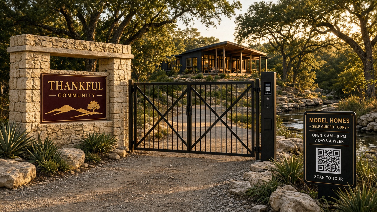 Stone entry monument for a Thankful Community with an iron gate and a model homes self-guided tours sign