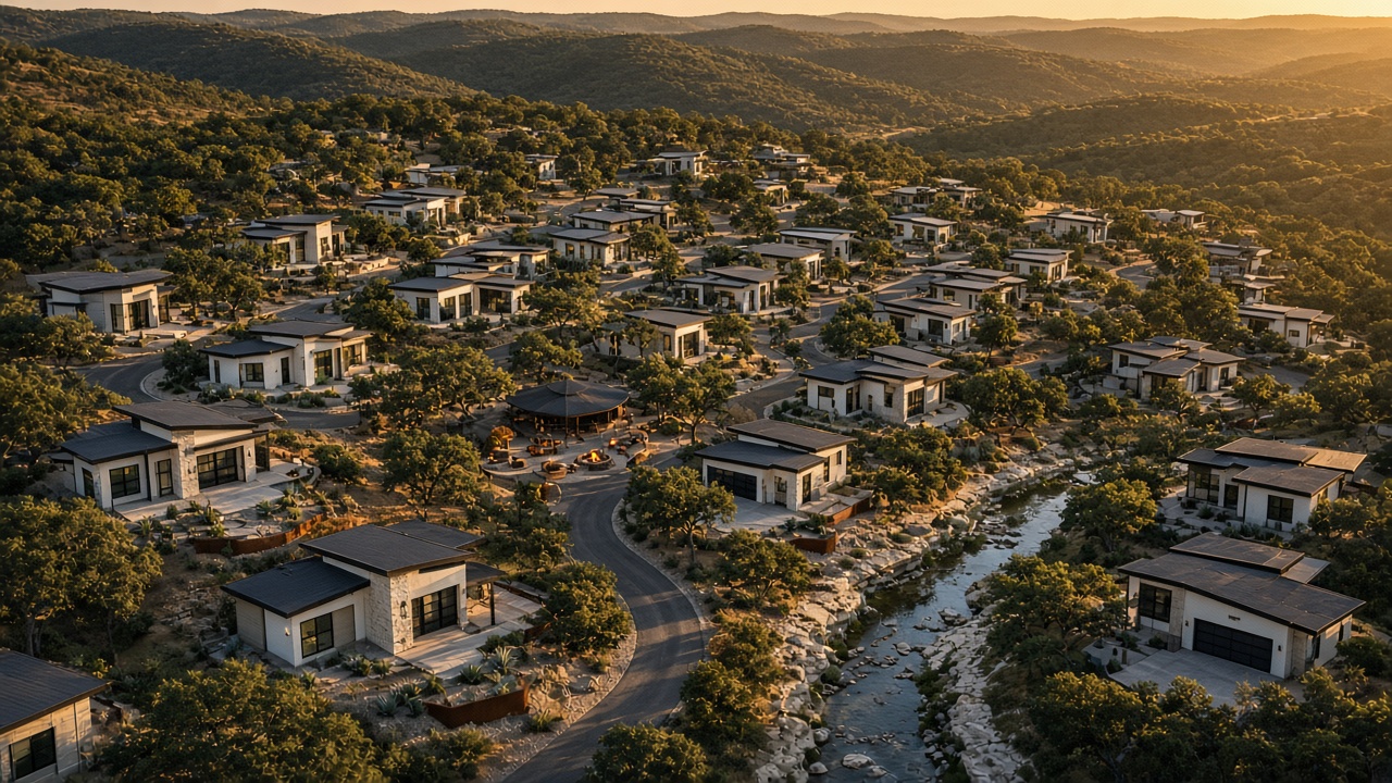 Concept aerial view of modern single-story homes along oak-shaded lanes at sunset